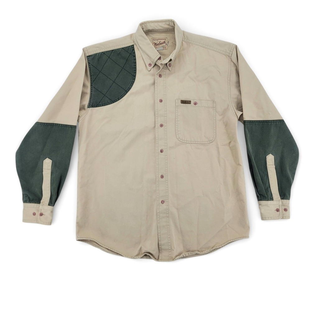 Woolrich Mens M Button Up Shirt Cotton Tan‎ Colorblock Vintage Outdoor Workwear